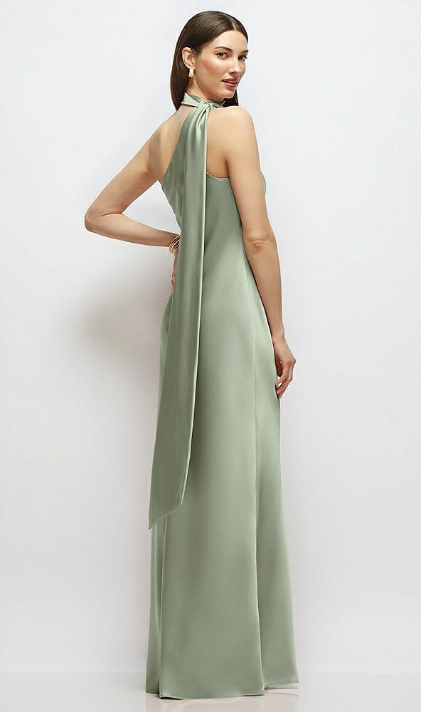 Back View - Sage Draped Scarf One-Shoulder Bias Stretch Satin Maxi Dress