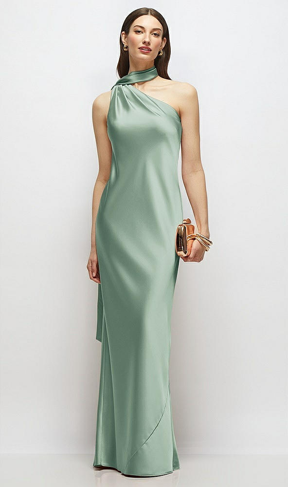 Front View - Seagrass Draped Scarf One-Shoulder Bias Stretch Satin Maxi Dress