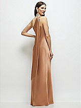 Rear View Thumbnail - Toffee Draped Scarf One-Shoulder Bias Stretch Satin Maxi Dress