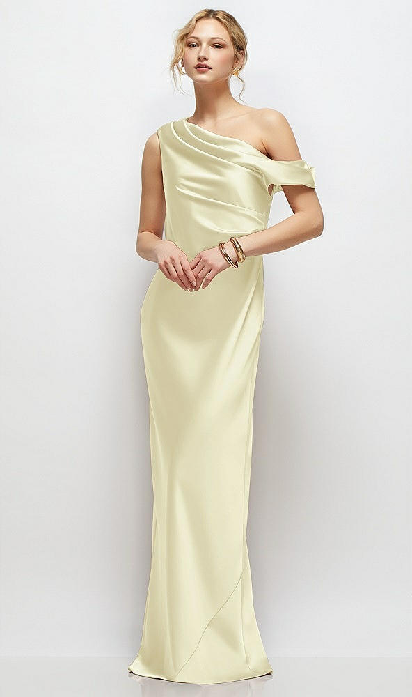 Front View - Butter Yellow Draped One-Shoulder Bias Stretch Satin Maxi Dress