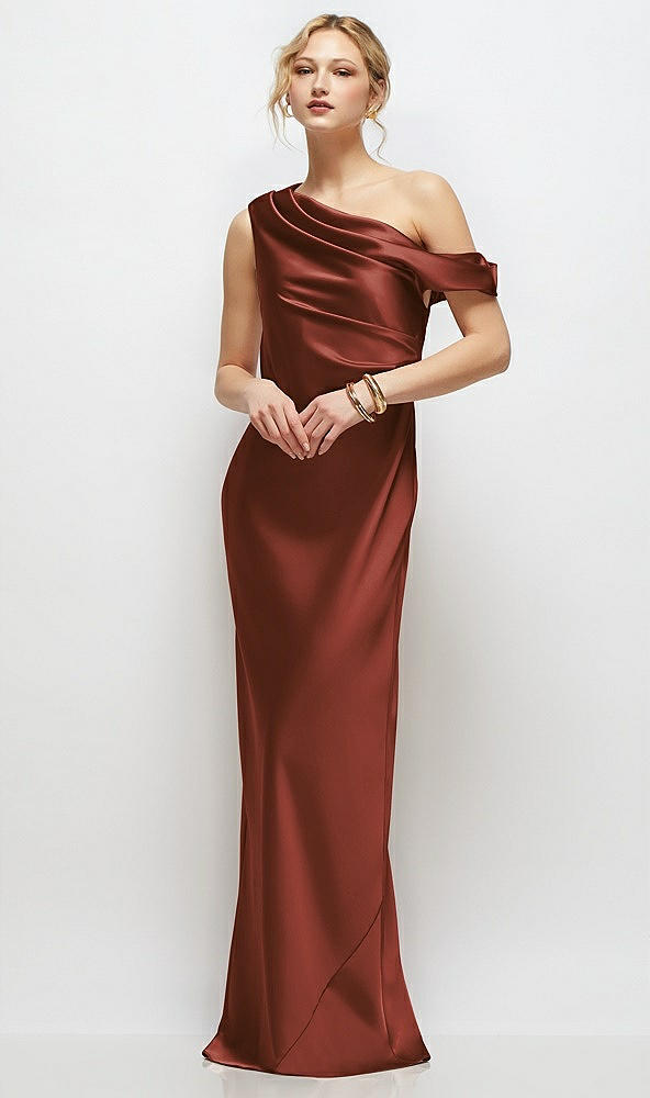 Front View - Auburn Moon Draped One-Shoulder Bias Stretch Satin Maxi Dress