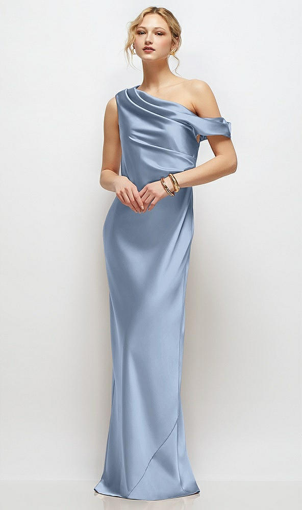 Front View - Cloudy Draped One-Shoulder Bias Stretch Satin Maxi Dress