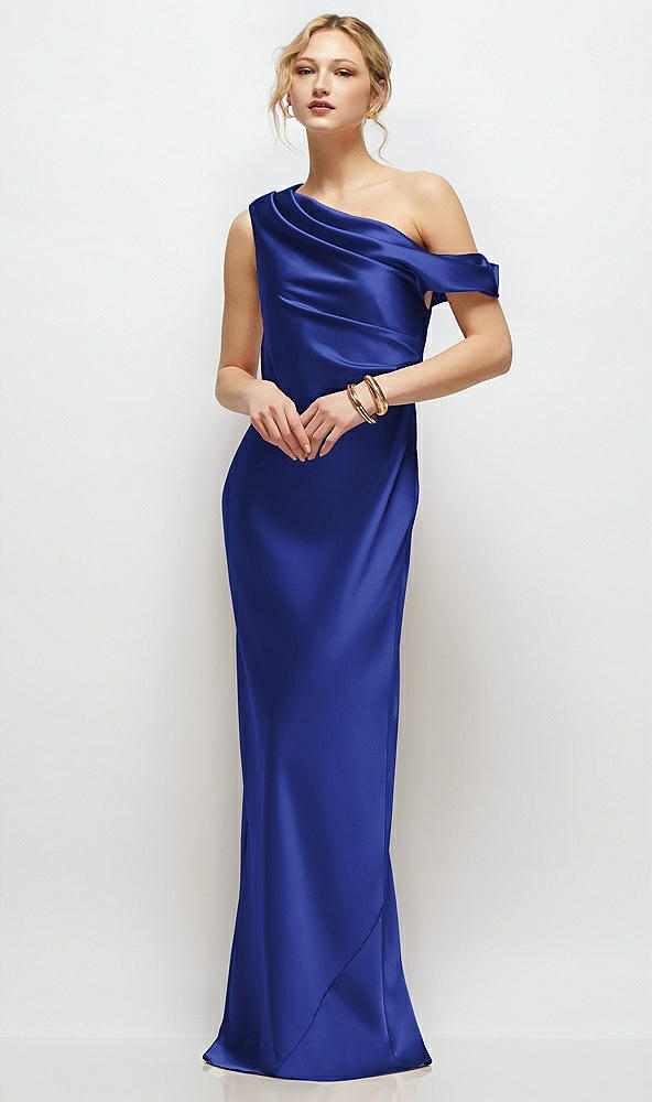Front View - Cobalt Blue Draped One-Shoulder Bias Stretch Satin Maxi Dress