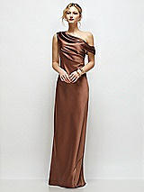Front View Thumbnail - Cognac Draped One-Shoulder Bias Stretch Satin Maxi Dress