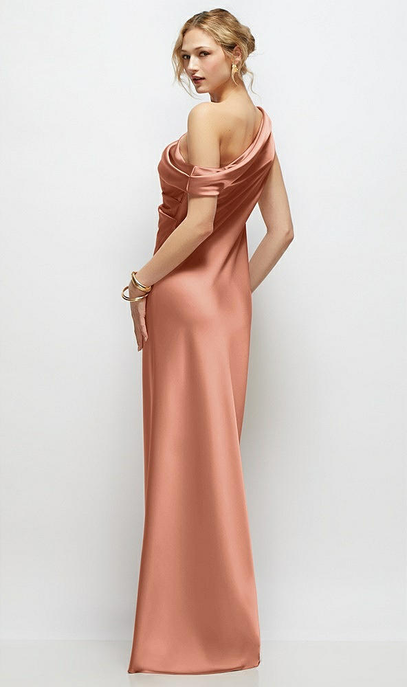Back View - Copper Penny Draped One-Shoulder Bias Stretch Satin Maxi Dress