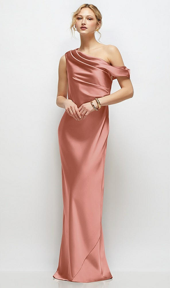 Front View - Desert Rose Draped One-Shoulder Bias Stretch Satin Maxi Dress