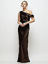 Front View Thumbnail - Espresso Draped One-Shoulder Bias Stretch Satin Maxi Dress
