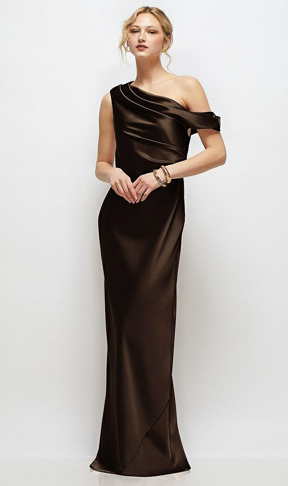 Front View - Espresso Draped One-Shoulder Bias Stretch Satin Maxi Dress