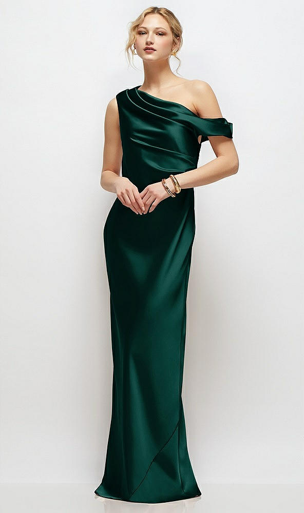 Front View - Evergreen Draped One-Shoulder Bias Stretch Satin Maxi Dress