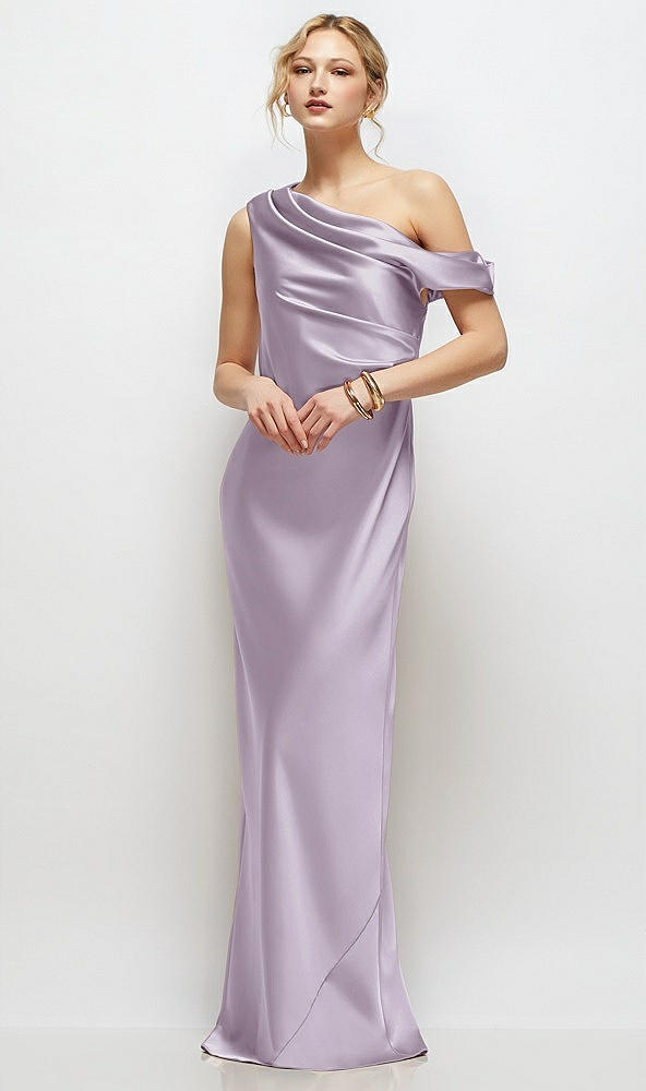 Front View - Lilac Haze Draped One-Shoulder Bias Stretch Satin Maxi Dress