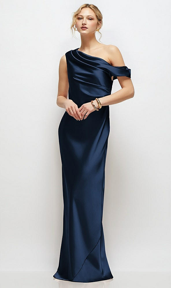 Front View - Midnight Navy Draped One-Shoulder Bias Stretch Satin Maxi Dress
