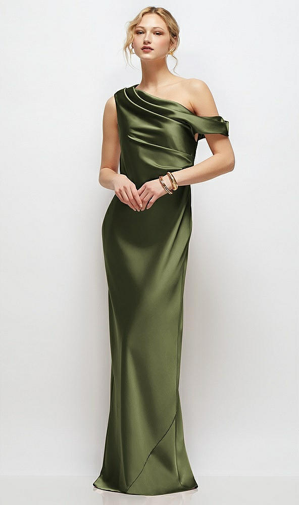 Front View - Olive Green Draped One-Shoulder Bias Stretch Satin Maxi Dress