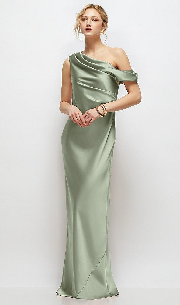 Front View - Sage Draped One-Shoulder Bias Stretch Satin Maxi Dress
