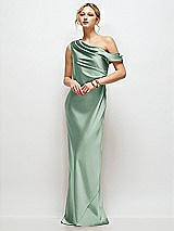 Front View Thumbnail - Seagrass Draped One-Shoulder Bias Stretch Satin Maxi Dress