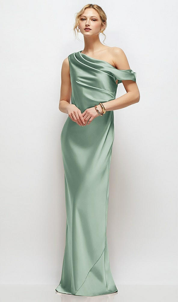 Front View - Seagrass Draped One-Shoulder Bias Stretch Satin Maxi Dress