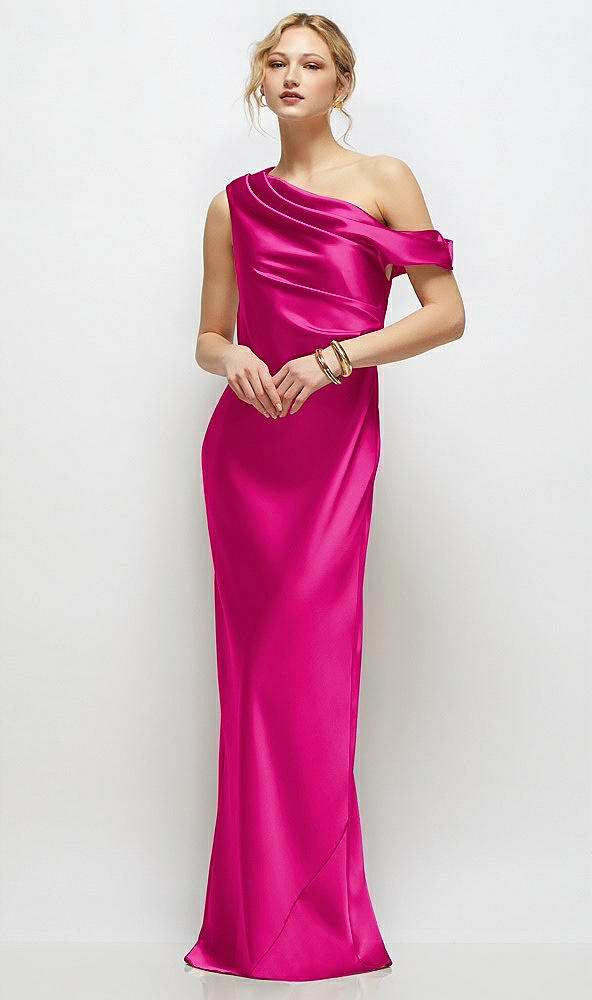 Front View - Think Pink Draped One-Shoulder Bias Stretch Satin Maxi Dress