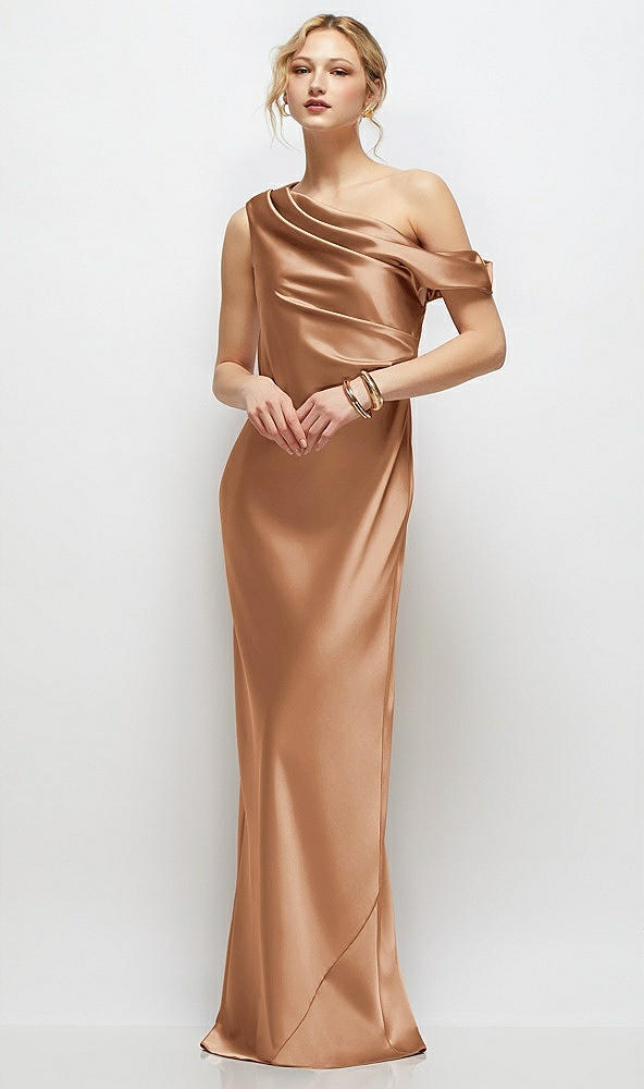 Front View - Toffee Draped One-Shoulder Bias Stretch Satin Maxi Dress