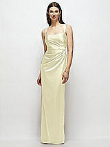 Front View Thumbnail - Butter Yellow Scoop Neck Draped Column Stretch Satin Maxi Dress