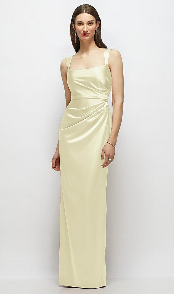 Front View - Butter Yellow Scoop Neck Draped Column Stretch Satin Maxi Dress