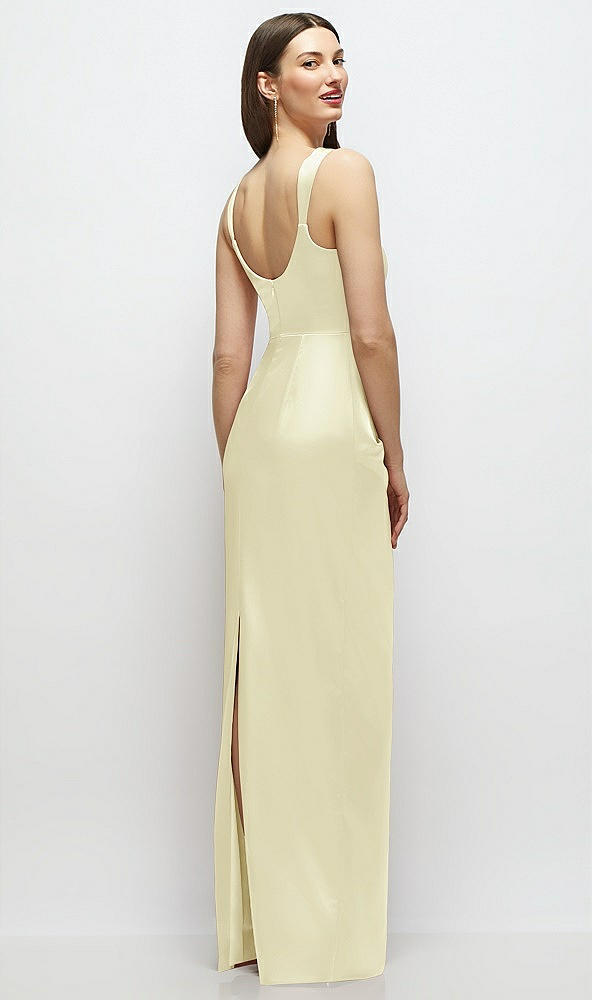 Back View - Butter Yellow Scoop Neck Draped Column Stretch Satin Maxi Dress