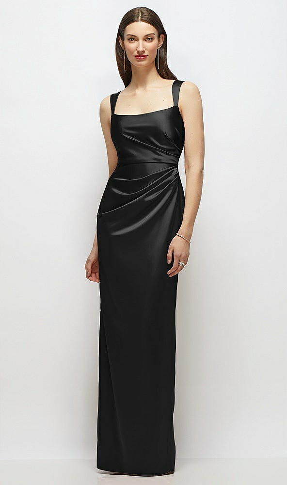 Front View - Black Scoop Neck Draped Column Stretch Satin Maxi Dress