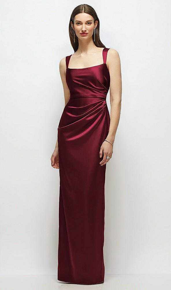 Front View - Cabernet Scoop Neck Draped Column Stretch Satin Maxi Dress