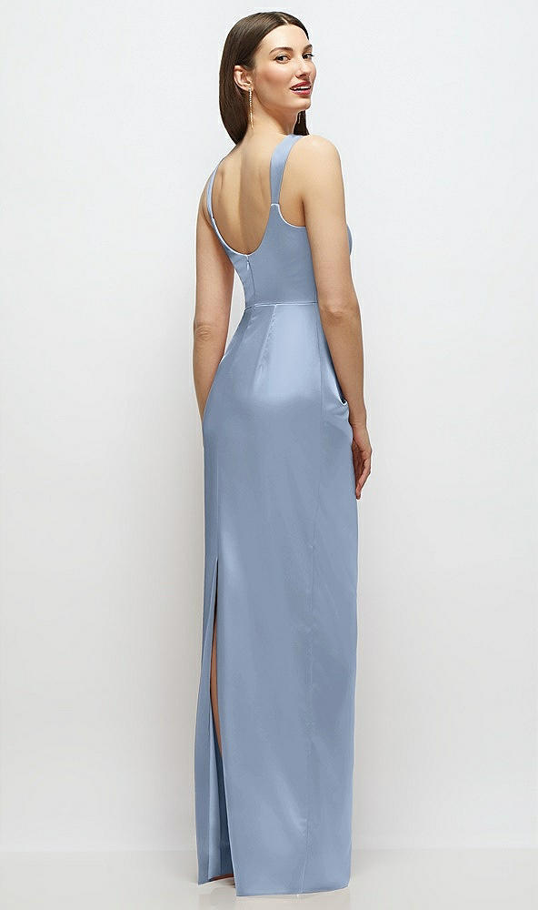Back View - Cloudy Scoop Neck Draped Column Stretch Satin Maxi Dress