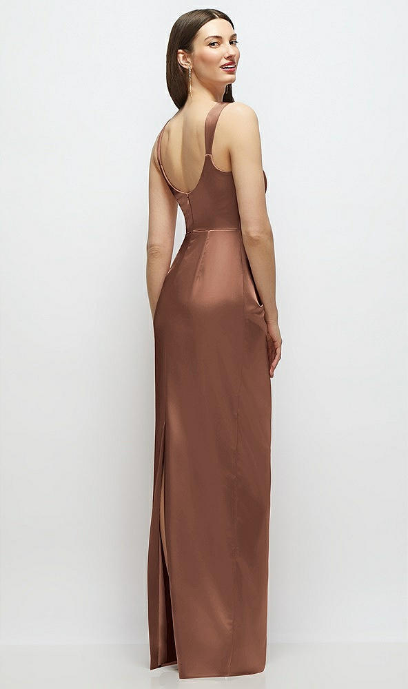 Back View - Cognac Scoop Neck Draped Column Stretch Satin Maxi Dress