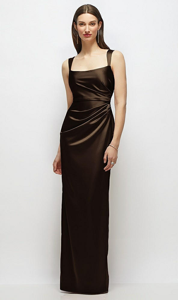Front View - Espresso Scoop Neck Draped Column Stretch Satin Maxi Dress