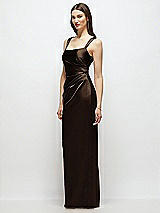 Side View Thumbnail - Espresso Scoop Neck Draped Column Stretch Satin Maxi Dress