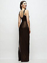 Rear View Thumbnail - Espresso Scoop Neck Draped Column Stretch Satin Maxi Dress