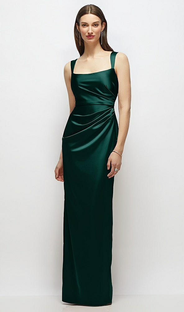 Front View - Evergreen Scoop Neck Draped Column Stretch Satin Maxi Dress