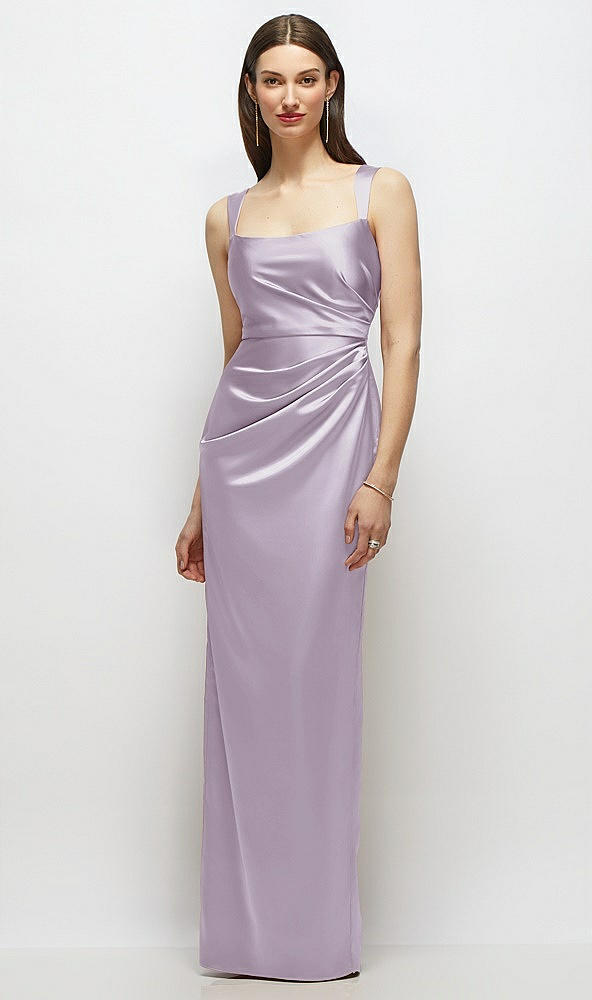 Front View - Lilac Haze Scoop Neck Draped Column Stretch Satin Maxi Dress