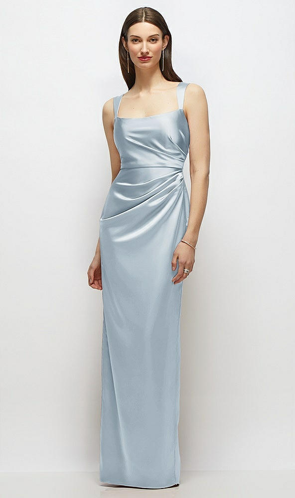 Front View - Mist Scoop Neck Draped Column Stretch Satin Maxi Dress