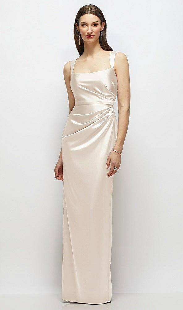 Front View - Oat Scoop Neck Draped Column Stretch Satin Maxi Dress