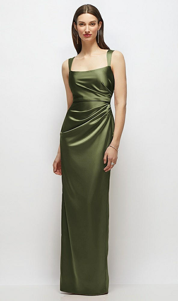 Front View - Olive Green Scoop Neck Draped Column Stretch Satin Maxi Dress