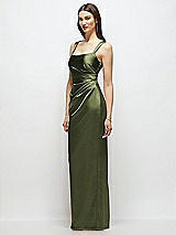 Side View Thumbnail - Olive Green Scoop Neck Draped Column Stretch Satin Maxi Dress