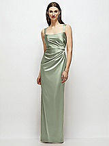Front View Thumbnail - Sage Scoop Neck Draped Column Stretch Satin Maxi Dress