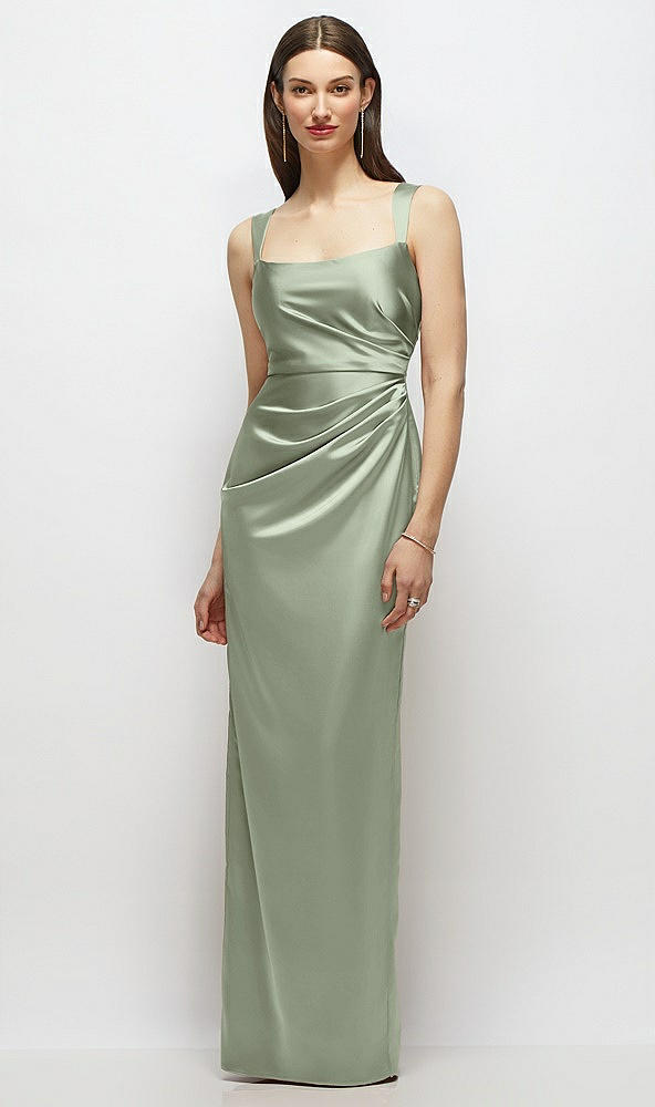 Front View - Sage Scoop Neck Draped Column Stretch Satin Maxi Dress