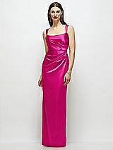 Front View Thumbnail - Think Pink Scoop Neck Draped Column Stretch Satin Maxi Dress
