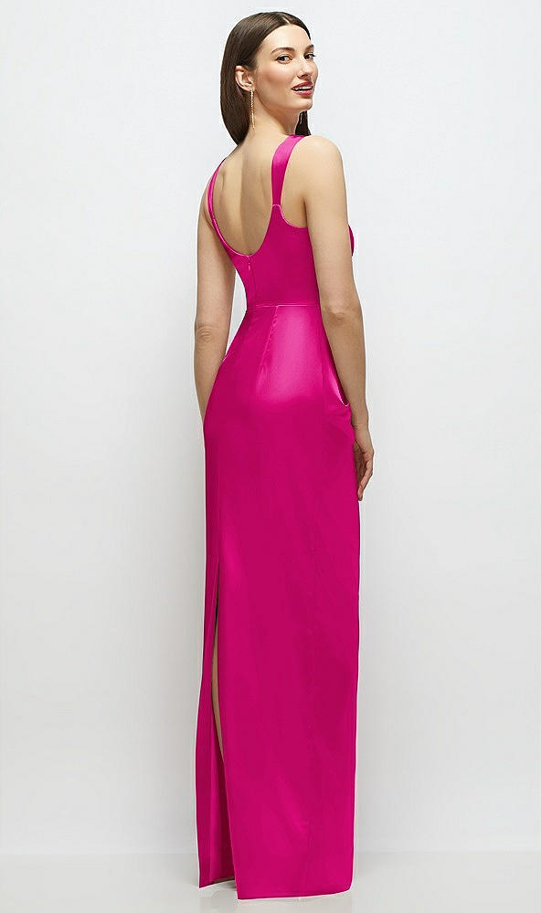 Back View - Think Pink Scoop Neck Draped Column Stretch Satin Maxi Dress