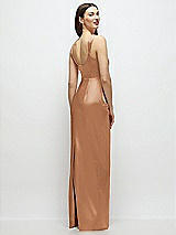 Rear View Thumbnail - Toffee Scoop Neck Draped Column Stretch Satin Maxi Dress