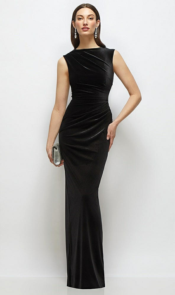 Front View - Black High-Neck Cap Shoulder Pleated Bodice Velvet Column Maxi Dress