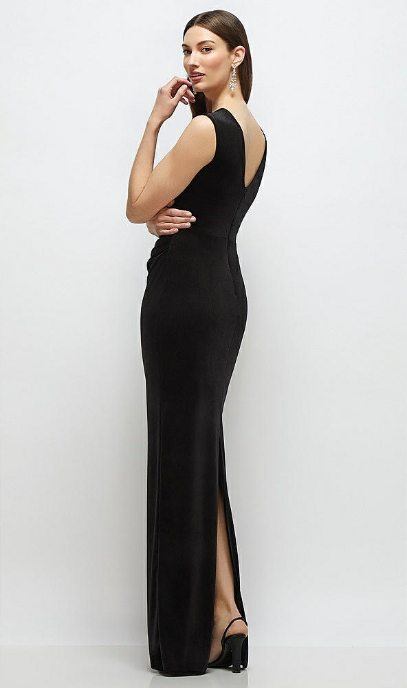 Back View - Black High-Neck Cap Shoulder Pleated Bodice Velvet Column Maxi Dress