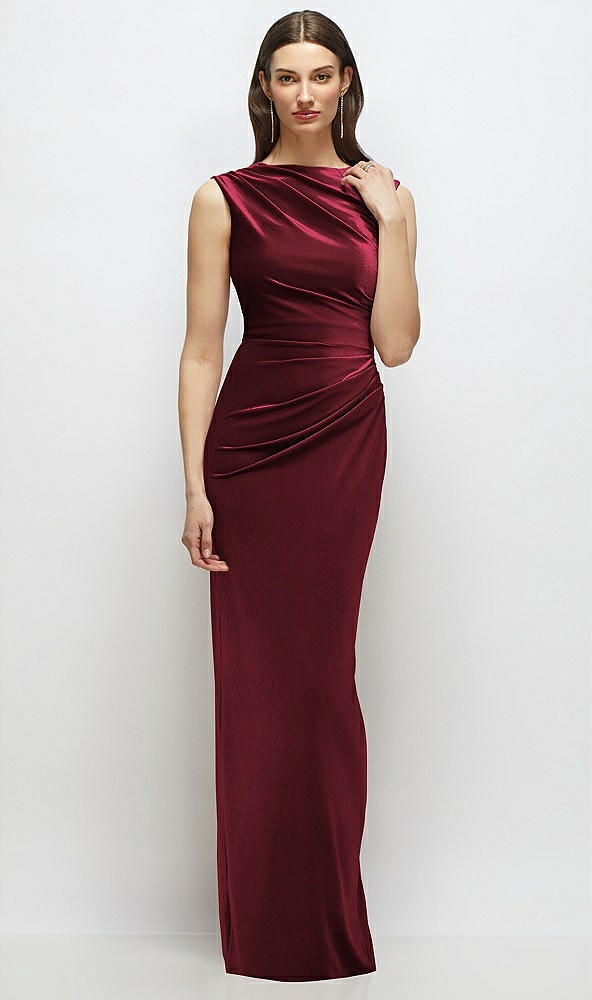 Front View - Cabernet High-Neck Cap Shoulder Pleated Bodice Velvet Column Maxi Dress