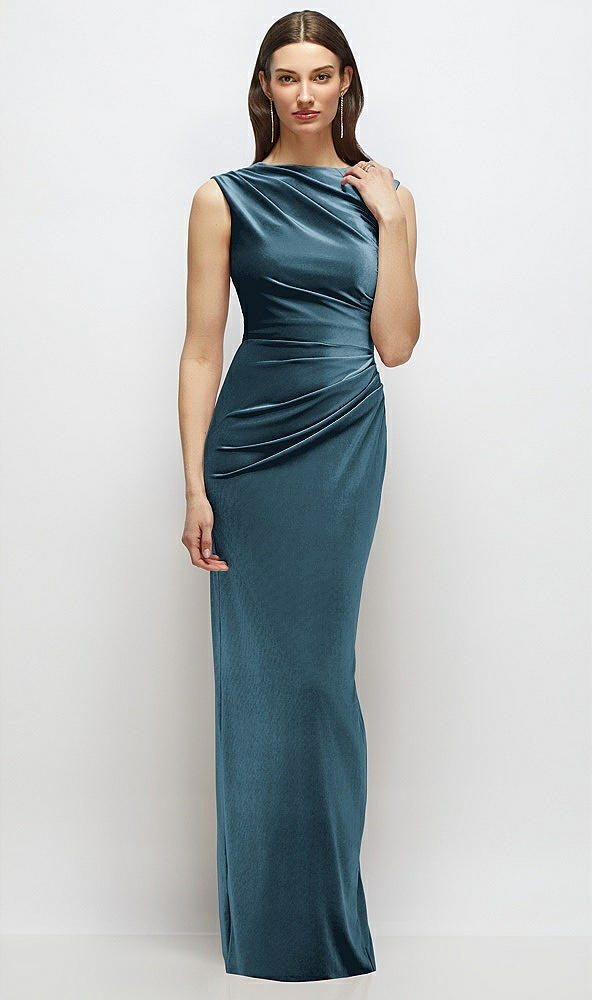Front View - Dutch Blue High-Neck Cap Shoulder Pleated Bodice Velvet Column Maxi Dress