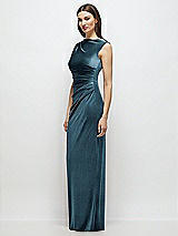 Side View Thumbnail - Dutch Blue High-Neck Cap Shoulder Pleated Bodice Velvet Column Maxi Dress