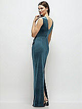 Rear View Thumbnail - Dutch Blue High-Neck Cap Shoulder Pleated Bodice Velvet Column Maxi Dress