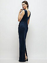 Rear View Thumbnail - Midnight Navy High-Neck Cap Shoulder Pleated Bodice Velvet Column Maxi Dress
