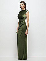 Side View Thumbnail - Olive Green High-Neck Cap Shoulder Pleated Bodice Velvet Column Maxi Dress
